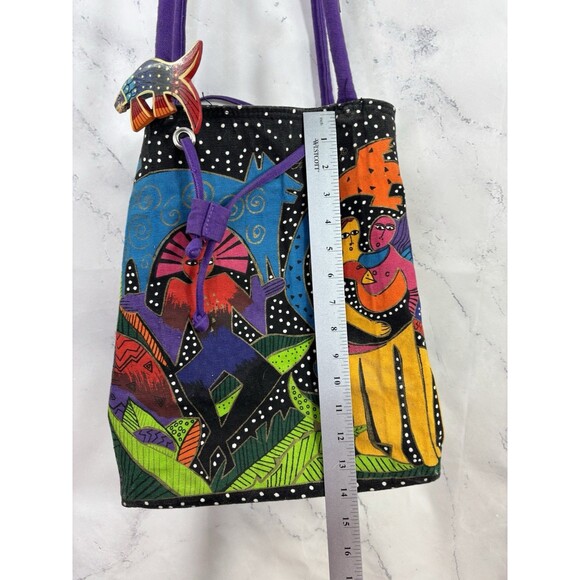 Vtg 90s LAUREL BURCH Tote Bag Drawstring Bucket Canvas Cat Retro Folk Art Artist - Picture 5 of 16